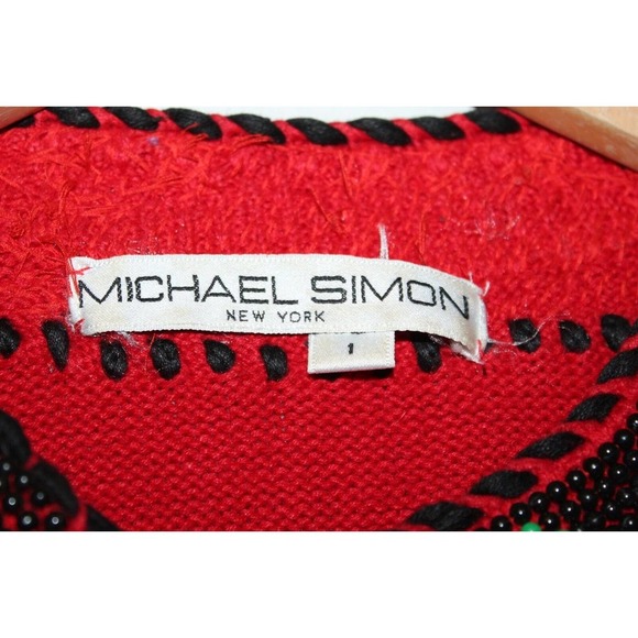 Vintage 90's Michael Simon Beaded Cardigan Thick Knit Sweater Red Size 1 H14823 - Picture 6 of 12